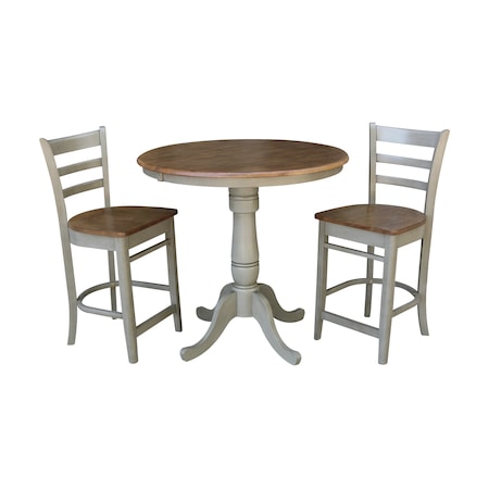 International Concepts Round 36 in Rd Extension Dining Table, 2 Emily Counter Ht Stools, Hickory/Stone, 36 W, 48 L, Wood K41-36RXT-6B-S6172-2